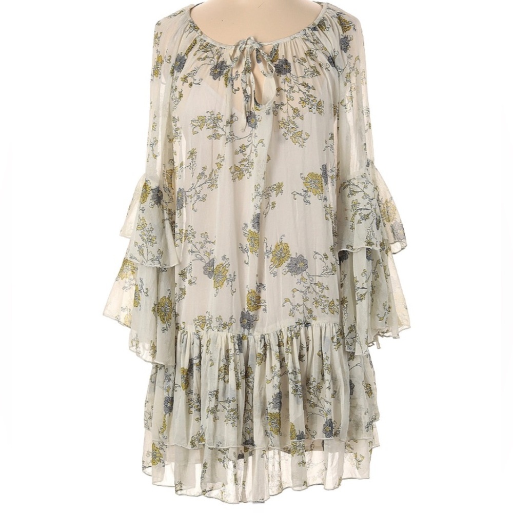 FREE PEOPLE Boho Floral Sheer Chiffon Ruffled Sleeves Tunic Mini Dress Size S